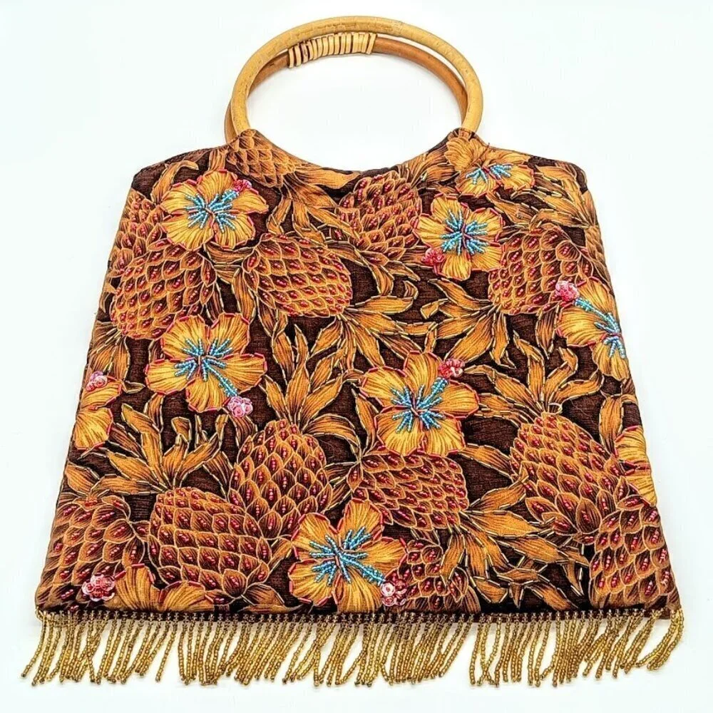 Vietnamese Cotton Beaded Cinnamon Pineapple Wood Handle Bag - Picture 1 of 6